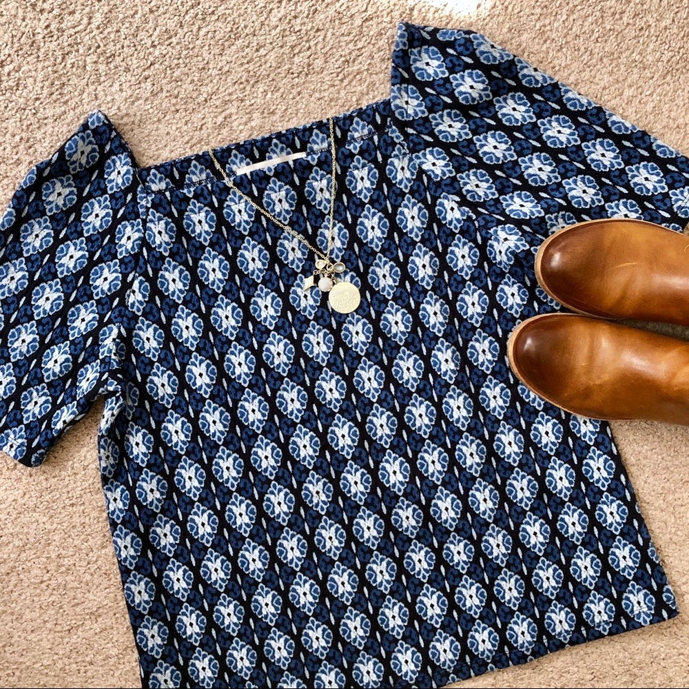 NWT Loft Blue Diamond Jacquard Square Neck Top